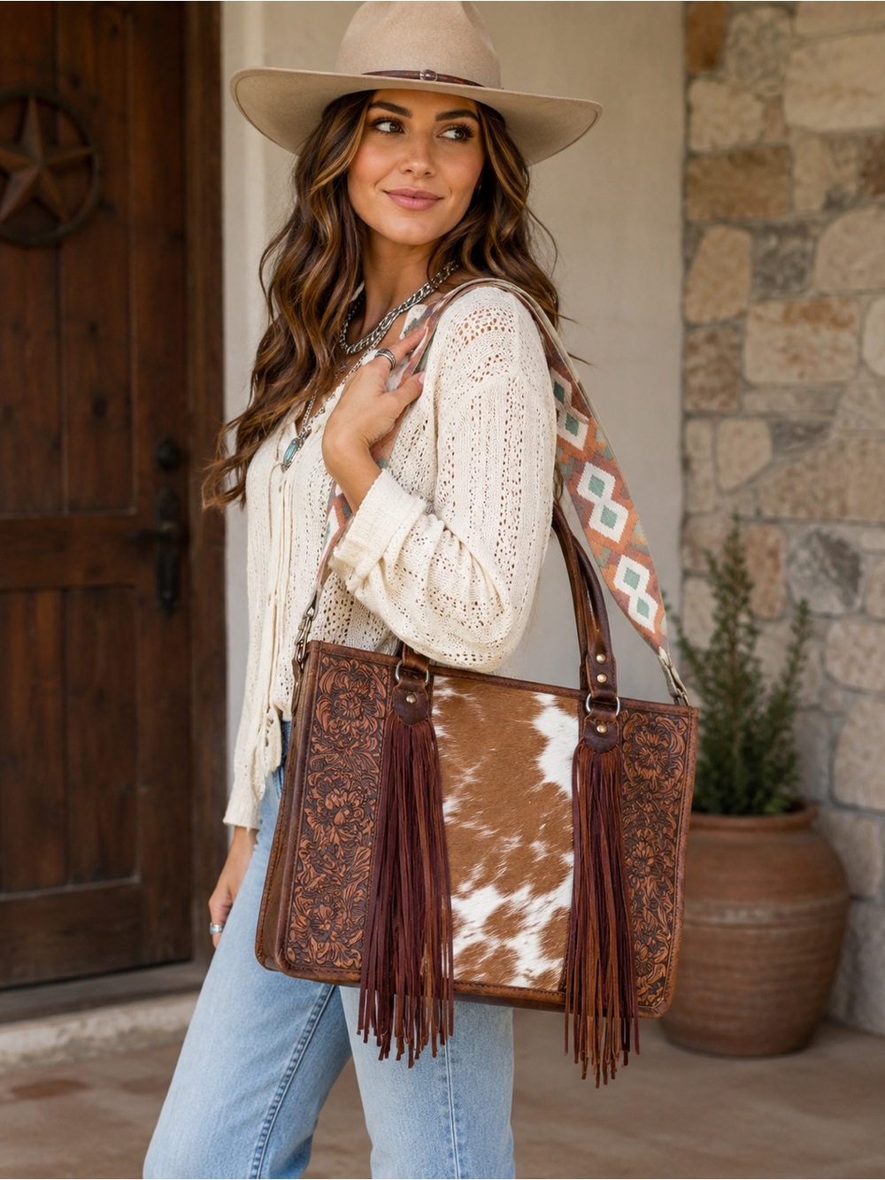 American Darling Tooled Leather Cowhide Fringe Tote Bag Crossbody Western Purse